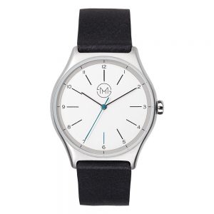 01 - slim made one 02 - thin wrist watch in silver with black leather band - front