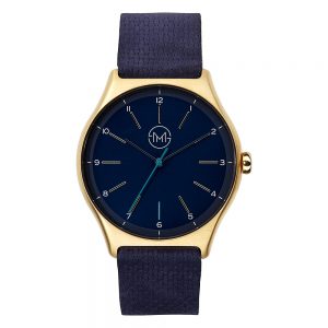 01 - slim made one 10 - thin wrist watch in gold with blue leather band - front